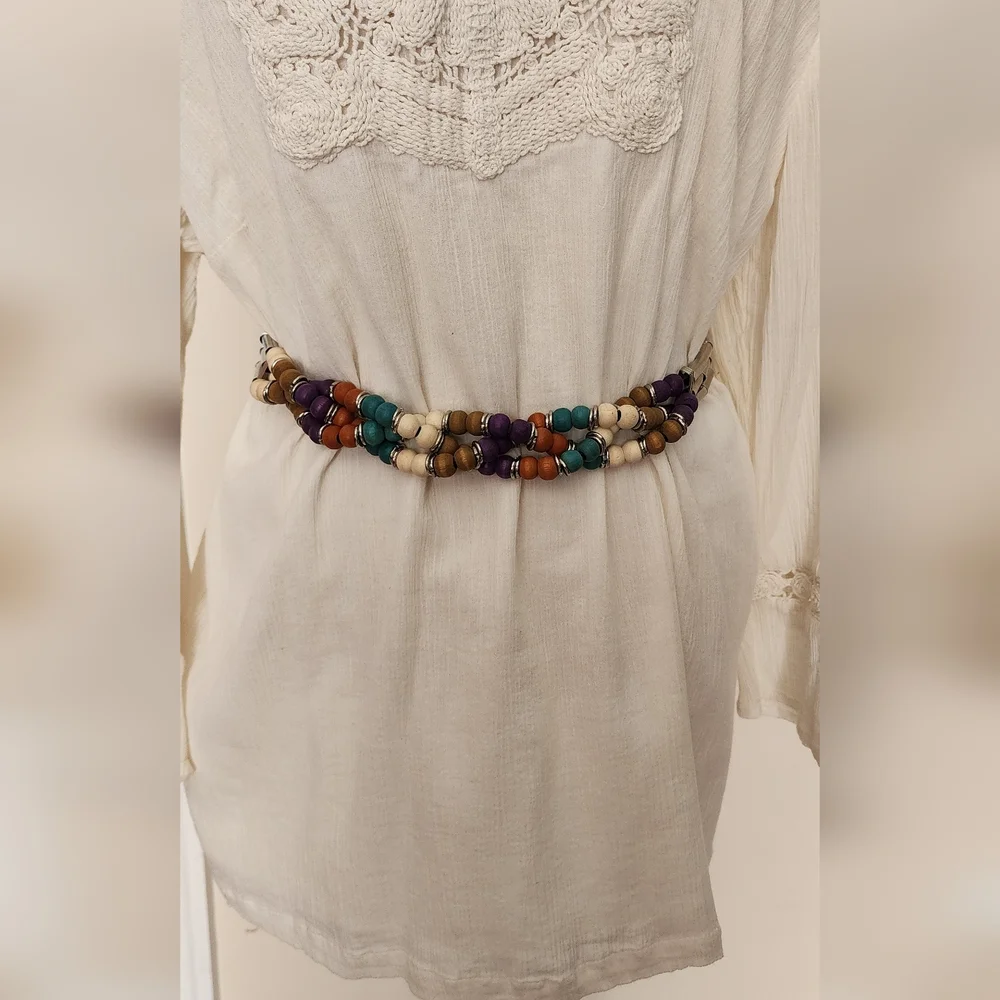Boho Beaded Waist Belt Adjustable‎ Silvertone Chain Artisan Festival Hippie